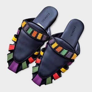New Farm Rio Colorfully Beaded Black Sandals Mules Size US7/EU38